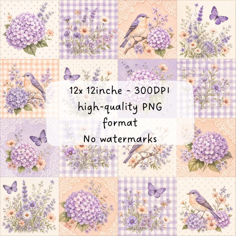 May include: A digital collage of sixteen square panels featuring lavender flowers, blue birds, and purple butterflies on backgrounds of gingham, polka dots, and lace. Text reads: 12x 12inche - 300DPI high-quality PNG format No watermarks.