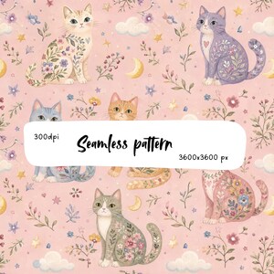 Pastel Floral Cat Seamless Pattern | Whimsical Cottagecore Kitty Digital Paper | Cute Botanical Cat Print