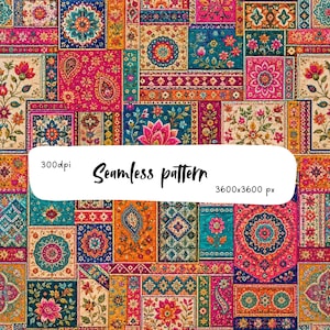Indian Patchwork Floral Seamless Pattern Pink Boho Digital Paper Paisley Lotus Fabric Wallpaper Scrapbook Printable PNG Repeat