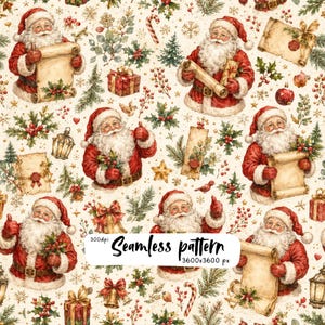 May include: A seamless pattern featuring illustrations of Santa Claus in a red suit, scrolls, gift boxes, holly, pine trees, candy canes, and gold bells on a cream background. The image includes the text Seamless pattern 300dpi 3600x3600 px.