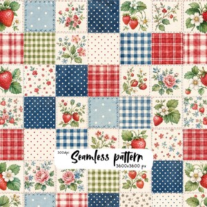 May include: A patchwork fabric design featuring a grid of squares with strawberry illustrations, red and blue plaid, green gingham, white polka dots on blue, and floral motifs. The text 300dpi Seamless pattern 3600x3600 px is centered.