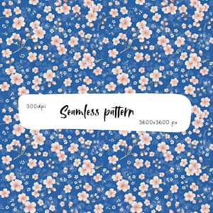 Pode incluir: Um padrão sem costuras com flores de cerejeira rosa claro sobre um fundo azul profundo. Uma sobreposição branca no centro exibe o texto 300dpi, Seamless pattern, e 3600x3600 px em letras pretas, indicando as especificações do arquivo digital.