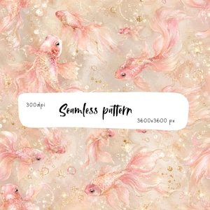 Può includere: Un motivo senza cuciture raffigurante pesci rossi rosa chiaro con pinne fluttuanti e accenti di glitter dorati su uno sfondo beige tenue. L'immagine include il testo 300dpi, Seamless pattern e 3600x3600 px sovrapposto al centro del design.