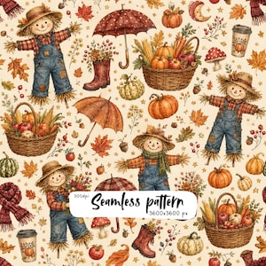 Autumn Scarecrow Seamless Pattern, Fall Harvest Pumpkin Farmhouse Watercolor, Thanksgiving Digital Paper PNG
