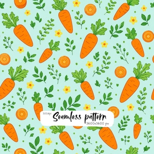 Pode incluir: Um padrão contínuo com cenouras cor de laranja com topos verdes, rodelas de cenoura, pequenas flores amarelas e ramos verdes com folhas num fundo azul claro. A imagem inclui o texto 300dpi Seamless pattern 3600x3600 px.