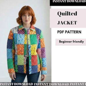 Pode incluir: Casaco acolchoado patchwork com uma variedade de cores, incluindo azul, verde, laranja e rosa. O casaco tem uma frente abotoada e um decote com gola. O texto "Quilted JACKET PDF PATTERN" é visível.
