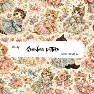 Coquette Kitten Seamless Pattern, Vintage Floral Cats in Lace Dresses, Shabby Chic Roses and Bows, Fabric PNG