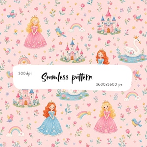 May include: A seamless pattern on a light pink background featuring illustrations of princesses in gowns, castles, swans, rainbows, and small birds. The image includes text that reads 300dpi, Seamless pattern, and 3600x3600 px.