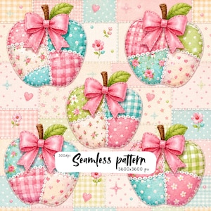 Kawaii Patchwork Apple Seamless Pattern, Pink Bow Quilted Fabric, Cottagecore Fruit Digital Paper for Nursery