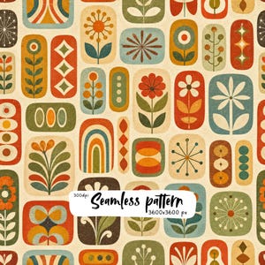 Può includere: Un motivo senza giunture composto da una griglia di rettangoli arrotondati contenenti vari motivi floreali e geometrici in tonalità arancione, verde ottanio, verde oliva e crema. Il testo "300dpi Seamless pattern 3600x3600 px" è sovrapposto al centro.