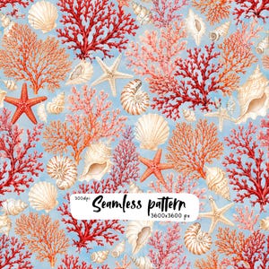 Peut inclure: Un motif répétitif composé de divers coquillages, étoiles de mer et branches de corail dans des tons rouge, orange et blanc sur un fond bleu clair. Le texte 300dpi Seamless pattern 3600x3600 px est imprimé au centre de l'image.