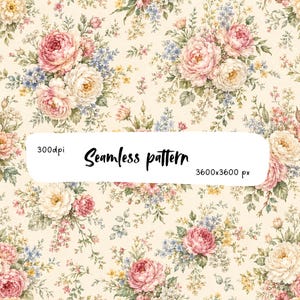 May include: A seamless pattern featuring clusters of pink, white, and yellow roses with small blue flowers and green foliage on a cream background. A white overlay displays the text 300dpi, Seamless pattern, and 3600x3600 px in black.