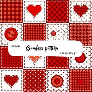 Red Patchwork Hearts Seamless Pattern PNG, Valentine Quilt Fabric Design, Rustic Country Hearts Digital Paper, Cozy Patchwork Background