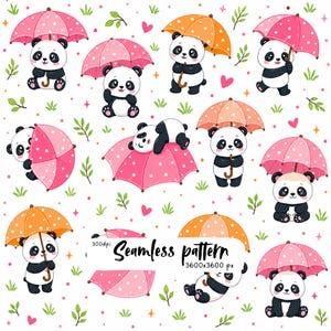 Pode incluir: Um padrão sem costura com pandas de desenho animado com guarda-chuvas de bolinhas rosas e laranjas, intercalados com pequenas folhas verdes, corações rosas e estrelas amarelas em um fundo branco. O texto diz Seamless pattern 300dpi 3600x3600 px.