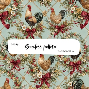 Farmhouse Rooster Wreath Seamless Pattern, Rustic Country Chicken Print, Cottage Farm Floral Fabric, Vintage Wallpaper