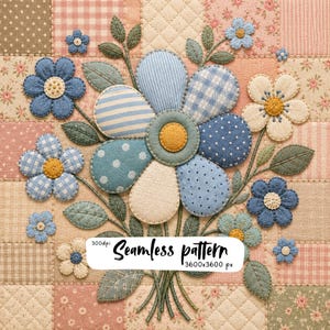 Blue Patchwork Flower Bouquet Pattern, Cottagecore Quilted Floral Digital Paper, Shabby Chic Fabric, Scrapbook Design