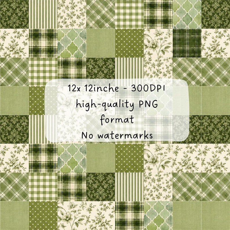 Pu&ograve; includere: Un collage digitale di motivi quadrati in tonalit&agrave; verde salvia e bosco, con stampe floreali, righe, quadri, pois e disegni a quadrifoglio. Il testo recita: 12x 12inche - 300DPI high-quality PNG format No watermarks.