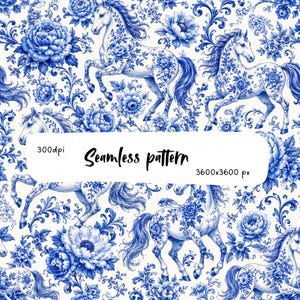 Pode incluir: Um padrão sem costuras com ilustrações em azul e branco de cavalos e grandes flores. O design inclui o texto 300dpi, Seamless pattern e 3600x3600 px. O motivo repetitivo mostra cavalos com padrões florais.
