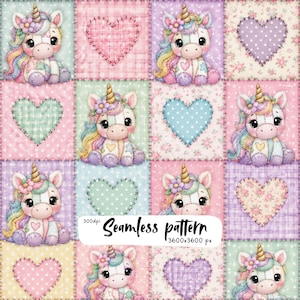 Patrón sin costuras para colcha de patchwork de unicornio kawaii | Diseño de tela de unicornio bebé en tonos pastel | Bloques para colcha de guardería | Papel digital imprimible PN
