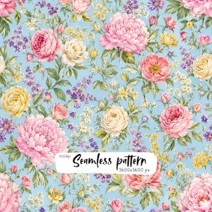 Romantic Cottage Floral Seamless Pattern, Pink Peonies Roses on Blue Background, Vintage Chintz Fabric, Wallpaper PNG Download
