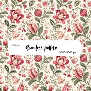 Könnte beinhalten: Ein nahtloses Muster mit stilisierten rosa und roten Blumen und grünem Blattwerk auf cremefarbenem Grund. Ein weißes rechteckiges Feld in der Mitte zeigt den Text 300dpi, Seamless pattern und 3600x3600 px in schwarzer Schrift.