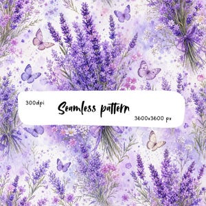 May include: A seamless pattern featuring watercolor lavender bouquets and butterflies in shades of purple and white. The design includes the text 300dpi, Seamless pattern, and 3600x3600 px overlaid on a white rectangular banner in the center.