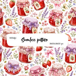 Motivo senza cuciture Cottagecore con marmellata di fragole PNG, barattoli di conserve floreali vintage, design di tessuto shabby chic con fragole, carta romantica per scrapbooking