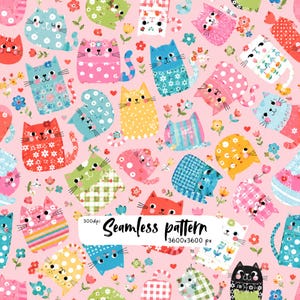 May include: A seamless pattern featuring various cartoon cats in different colours and floral, polka dot, or plaid patterns on a light pink background. A white rectangular label in the centre displays the text Seamless pattern 300dpi 3600x3600 px.