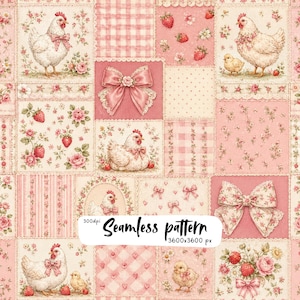 Pode incluir: Um padrão sem costuras com um design de patchwork em tons de rosa e creme. A estampa inclui ilustrações de galinhas, pintinhos, morangos, rosas, xadrez vichy e laços. O texto na imagem diz: 300dpi Seamless pattern 3600x3600 px.