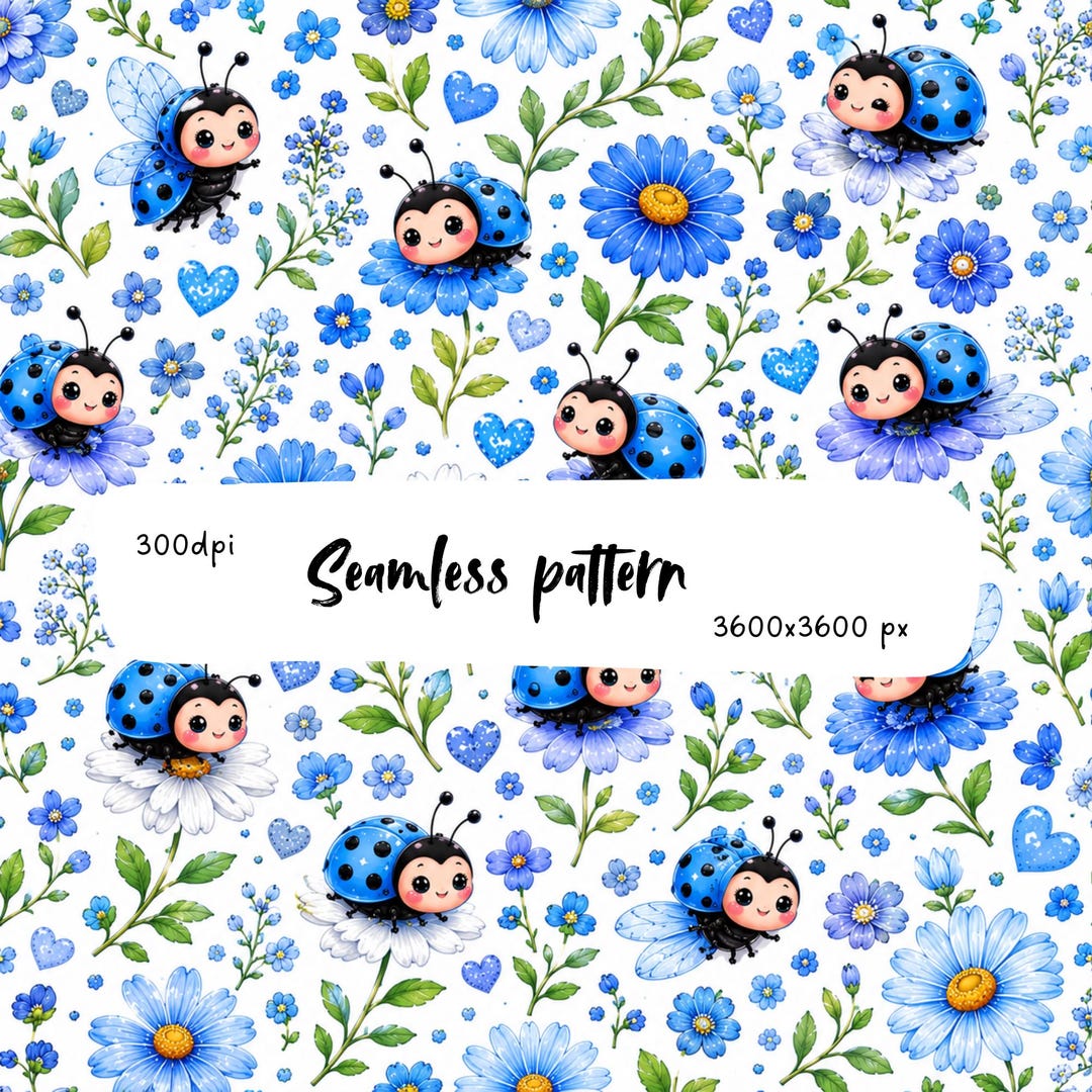 Blue Ladybug Seamless Pattern PNG, Kawaii Ladybug Floral Fabric Design ...
