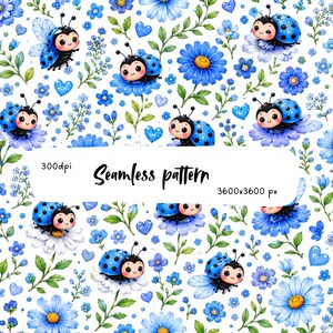 Blue Ladybug Seamless Pattern PNG, Kawaii Ladybug Floral Fabric Design, Cute Daisy and Wildflower Digital Paper, Nursery Print