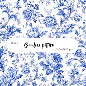 Può includere: Un motivo senza cuciture con intricate illustrazioni floreali blu su sfondo bianco. Il design include rose dettagliate e viticci frondosi. Il testo sull'immagine riporta 300dpi, Seamless pattern, 3600x3600 px.
