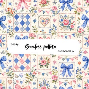 May include: A seamless pattern featuring a cream background with repeating squares containing blue diamond quilts, pink and blue floral bouquets, hearts, and blue bows. The text 300dpi, Seamless pattern, and 3600x3600 px is centered on the image.