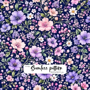 May include: A seamless pattern featuring a dense arrangement of purple, pink, and white flowers with green leaves on a dark navy blue background. A white rectangular label in the center displays the text: 300dpi Seamless pattern 3600x3600 px.