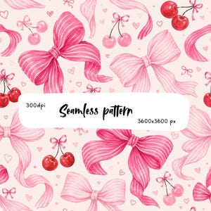 Puede incluir: Un patrón sin costuras con lazos rosas a rayas y cerezas rojas sobre un fondo rosa claro con pequeños corazones. La imagen incluye el texto 300dpi, Seamless pattern y 3600x3600 px impreso en el centro del diseño gráfico.