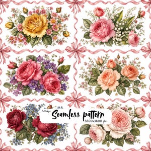 May include: A seamless pattern featuring six distinct floral bouquets arranged in a grid, separated by pink ribbons tied in bows. The bouquets include yellow, pink, orange, and red roses with small accent flowers and green leaves. Text reads 300dpi Seamless pattern 3600x3600 px.