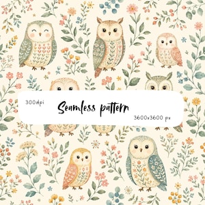 May include: A seamless pattern featuring illustrated owls in shades of blue, green, and pink, interspersed with delicate floral sprigs and berries on a cream background. The image includes the text 300dpi, Seamless pattern, and 3600x3600 px.