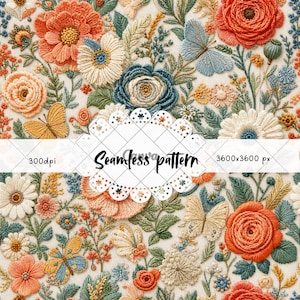 Pode incluir: Um padrão sem costuras com bordados complexos de flores cor de coral, azul e creme intercaladas com borboletas. O design inclui o texto Seamless pattern, 300dpi e 3600x3600 px, sobreposto numa etiqueta branca com bordas recortadas.