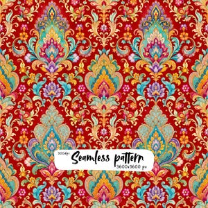 Luksusowy perski wzór adamaszkowy bez szwu | Kolorowy, ozdobny kwiatowy wzór paisley na intensywnie czerwonym tle | Elegancki nadruk tekstylny w stylu boho