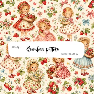 Vintage Strawberry Girls Seamless Pattern, Cottagecore Little Girls Digital Paper, Retro Floral Strawberry Print PNG