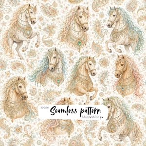 Boho Horse Seamless Pattern, Ornate Paisley Horses, Turquoise Gold Equestrian Digital Paper PNG
