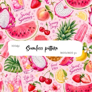 Pode incluir: Um padrão contínuo com ilustrações em aguarela de pitaia, fatias de melancia, morangos, pêssegos, cerejas, ananases, limões, flores de hibisco e bebidas cor-de-rosa com textos como Sweet Summer, Sunny Days e Good Vibes.