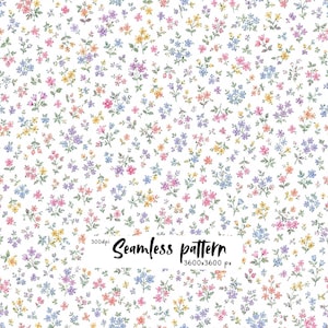 May include: A seamless pattern featuring a repeating design of small, delicate wildflowers in shades of pink, purple, yellow, and blue on a white background. The text 300dpi Seamless pattern 3600x3600 px is centered on the image.