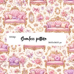 Royal Rococo Princess Furniture Seamless Pattern, Pink Palace Sofa Digital Paper, Luxury Fairytale Wallpaper, Fabric Print PNG Download