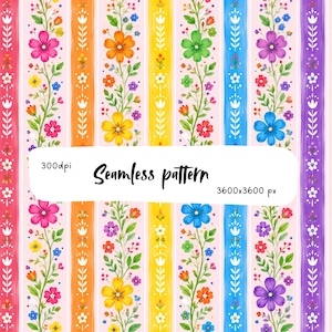 Scandinavian Rainbow Folk Floral Stripe Seamless Pattern, Colorful Wildflower Repeat, Nordic Fabric Print, Wallpaper PNG Tile