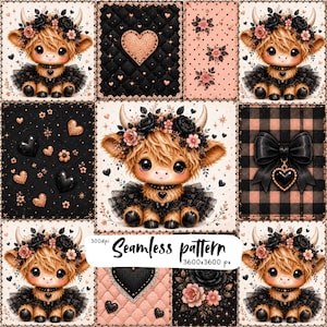 Peut inclure: Un motif répétitif composé d'illustrations de vaches highland duveteuses avec des couronnes de fleurs noires et des jupes en tulle, alternant avec des panneaux matelassés noirs et roses, des cœurs scintillants et des nœuds noirs, avec le texte Seamless pattern 300dpi 3600x3600 px.