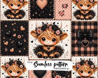 Gothic Kawaii Highland Cow Patchwork Seamless Pattern | Black Floral Quilt Fabric | Cute Farm Animal Digital Paper | Printable PNG