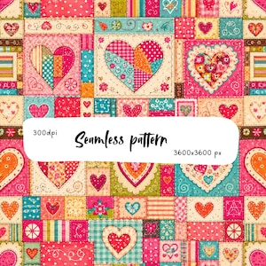 May include: A seamless pattern featuring a patchwork quilt design with various heart shapes, floral motifs, and geometric squares in shades of pink, teal, orange, and cream. The image includes the text 300dpi, Seamless pattern, and 3600x3600 px.