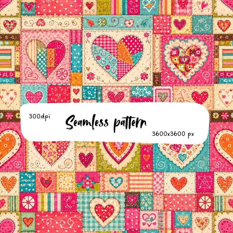 Sömlöst lapptäckemönster med hjärtan, alla hjärtans dag-tygtryck, färgglada Cottagecore-hjärtan, scrapbookingpapper PNG-repetition kakelkonst Etsy-säljare bild 1