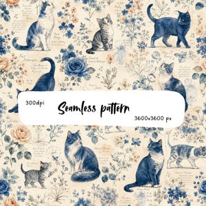 Blue Cat Botanical Seamless Pattern Watercolor Kitten Floral Vintage French Digital Paper Fabric Wallpaper Scrapbook Printable PNG